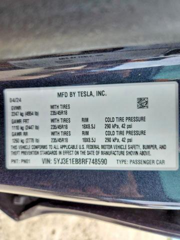 65090476 :رقم المزاد ، 5YJ3E1EB8RF748590 vin ، 2024 Tesla Model 3 مزاد بيع