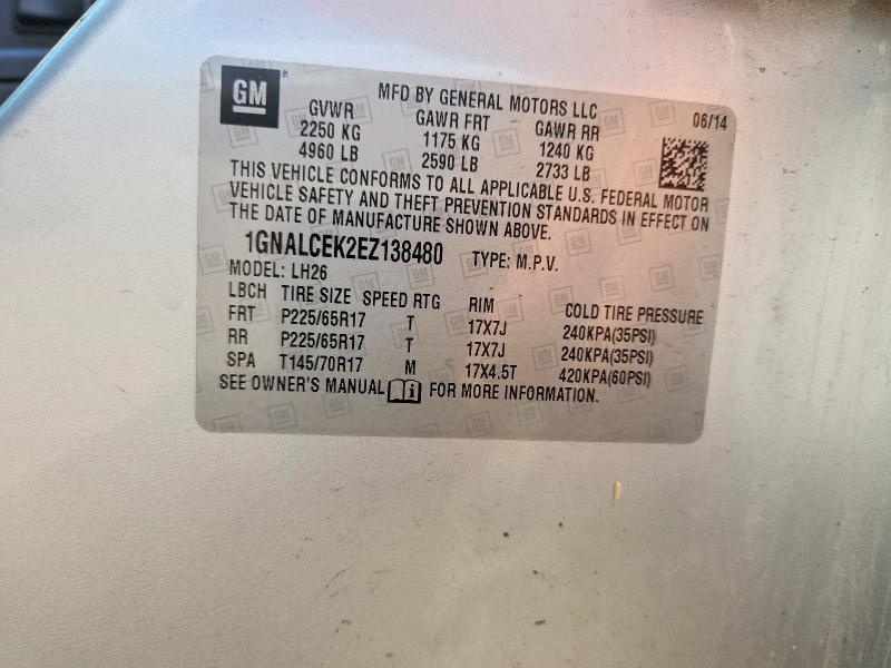 Продаж на аукціоні авто 2014 Chevrolet Equinox, vin: 1GNALCEK2EZ138480, номер лоту: 63521536
