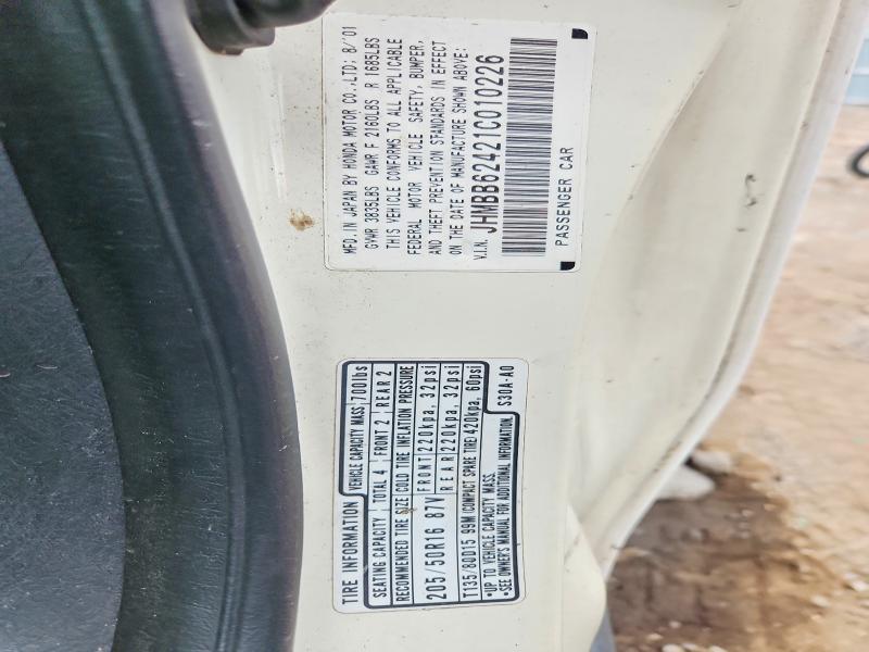 66001066 :رقم المزاد ، JHMBB62421C010226 vin ، 2001 Honda Prelude مزاد بيع