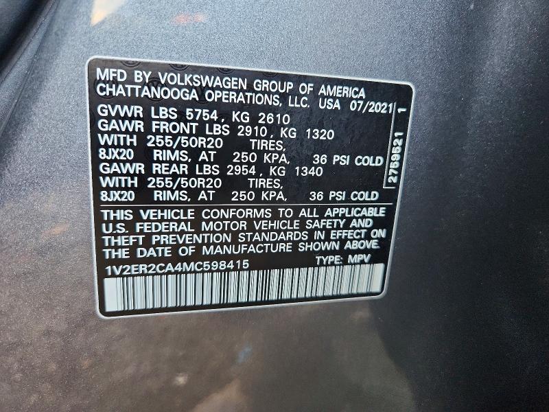2021 Volkswagen Atlas მანქანა იყიდება აუქციონზე, vin: 1V2ER2CA4MC598415, აუქციონის ნომერი: 65204826