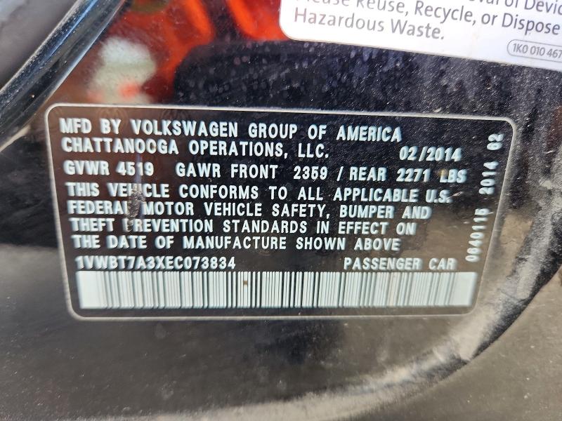2014 Volkswagen Passat მანქანა იყიდება აუქციონზე, vin: 1VWBT7A3XEC073834, აუქციონის ნომერი: 66301406