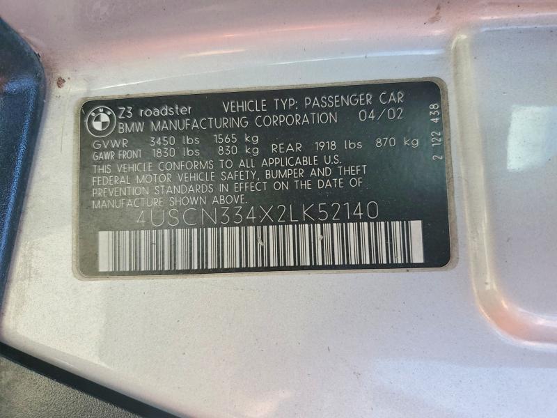 Продаж на аукціоні авто 2002 Bmw Z3, vin: 4USCN334X2LK52140, номер лоту: 64935526
