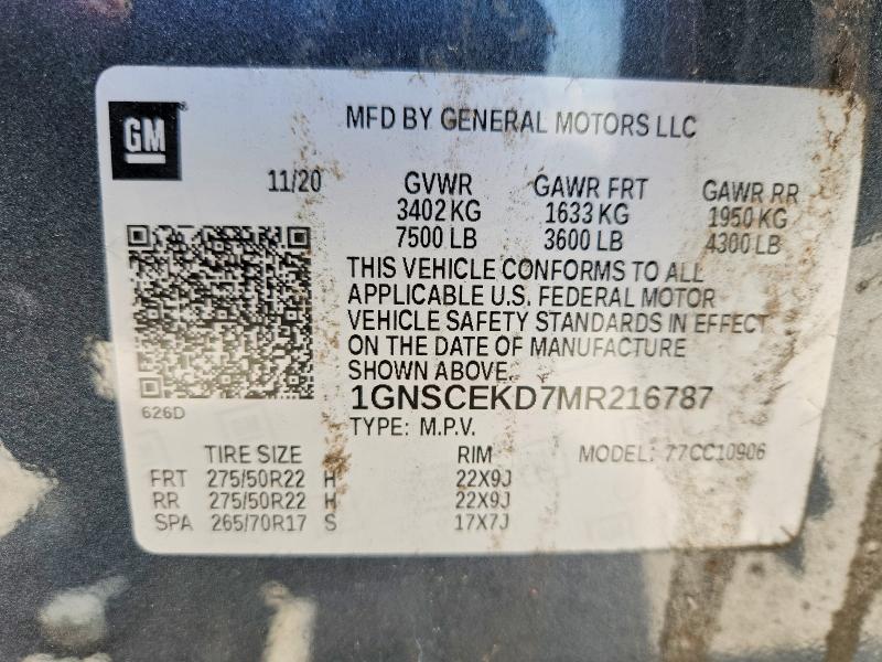 Продаж на аукціоні авто 2021 Chevrolet Suburban, vin: 1GNSCEKD7MR216787, номер лоту: 65441776