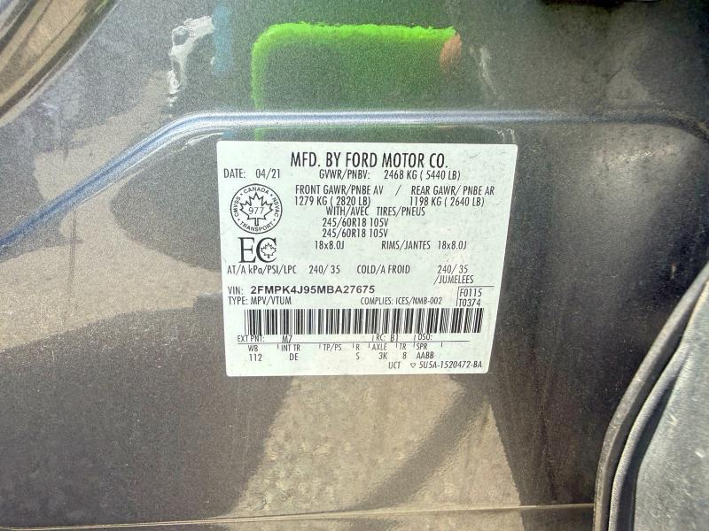 2021 Ford Edge მანქანა იყიდება აუქციონზე, vin: 2FMPK4J95MBA27675, აუქციონის ნომერი: 66844026