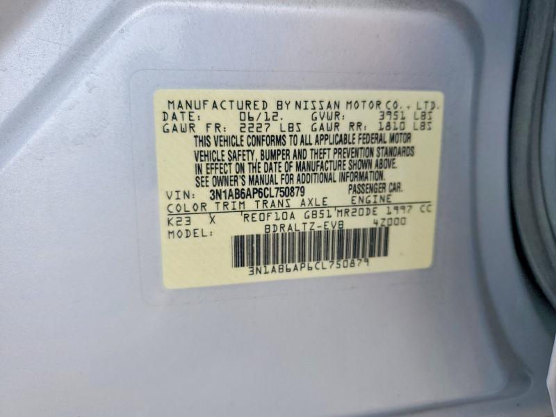 Aukcja sprzedaży 2012 Nissan Sentra, vin: 3N1AB6AP6CL750879, numer aukcji: 66500746
