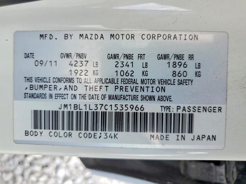 2012 Mazda Speed მანქანა იყიდება აუქციონზე, vin: JM1BL1L37C1535966, აუქციონის ნომერი: 66484066