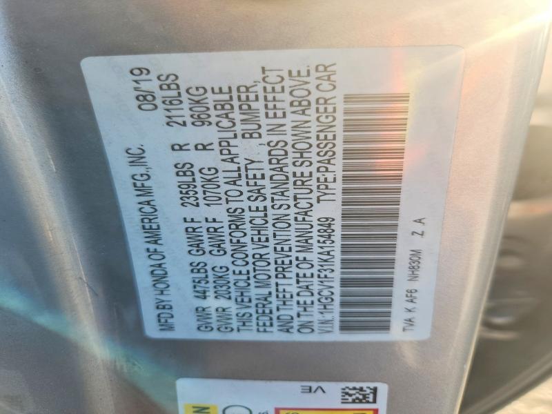 Aukcja sprzedaży 2019 Honda Accord, vin: 1HGCV1F31KA154849, numer aukcji: 65871446