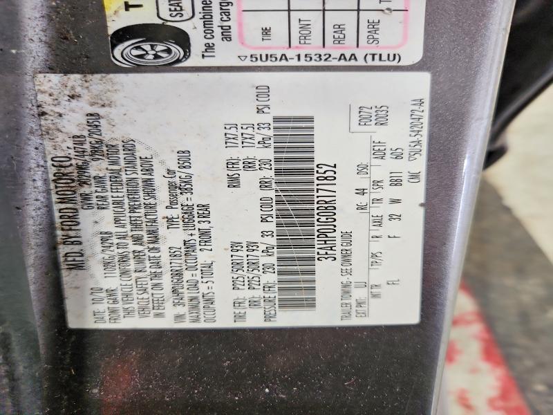 2011 Ford Fusion მანქანა იყიდება აუქციონზე, vin: 3FAHP0JG0BR171852, აუქციონის ნომერი: 63394596