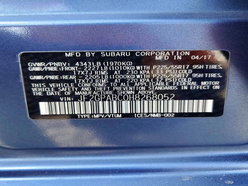 66917846 :رقم المزاد ، JF2GPABC0H8268052 vin ، 2017 Subaru Crosstrek مزاد بيع