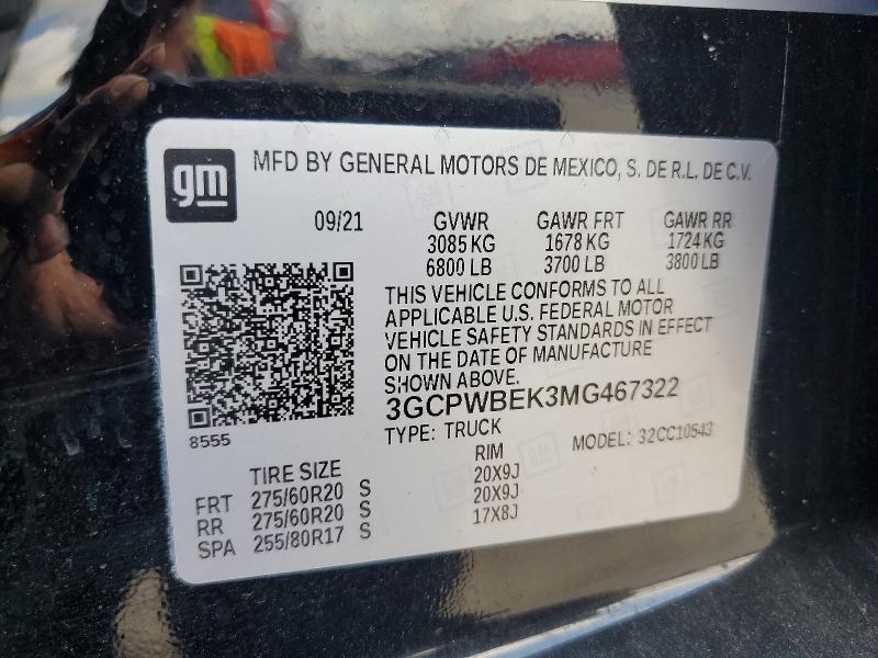 Продажа на аукционе авто 2021 Chevrolet Silverado, vin: 3GCPWBEK3MG467322, номер лота: 66240006