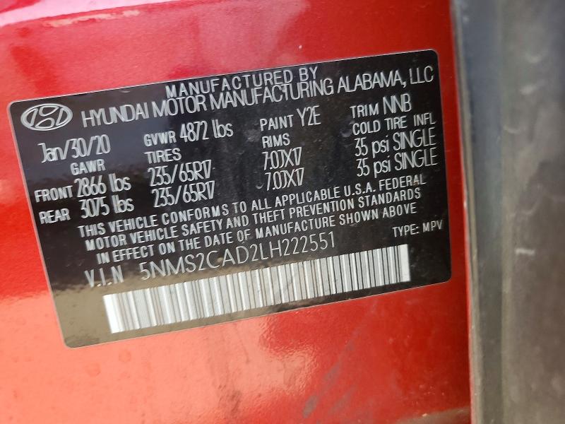 Aukcja sprzedaży 2020 Hyundai Santa Fe, vin: 5NMS2CAD2LH222551, numer aukcji: 66733006