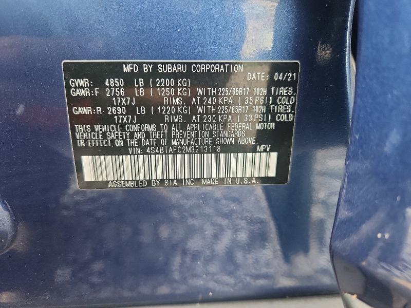 2021 Subaru Outback მანქანა იყიდება აუქციონზე, vin: 4S4BTAFC2M3213118, აუქციონის ნომერი: 65709176