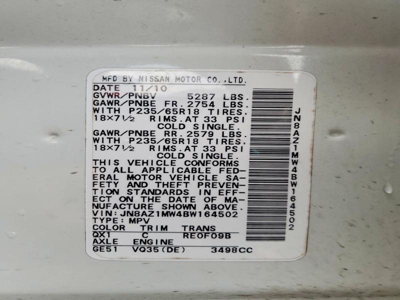 2011 Nissan Murano მანქანა იყიდება აუქციონზე, vin: JN8AZ1MW4BW164502, აუქციონის ნომერი: 63416056