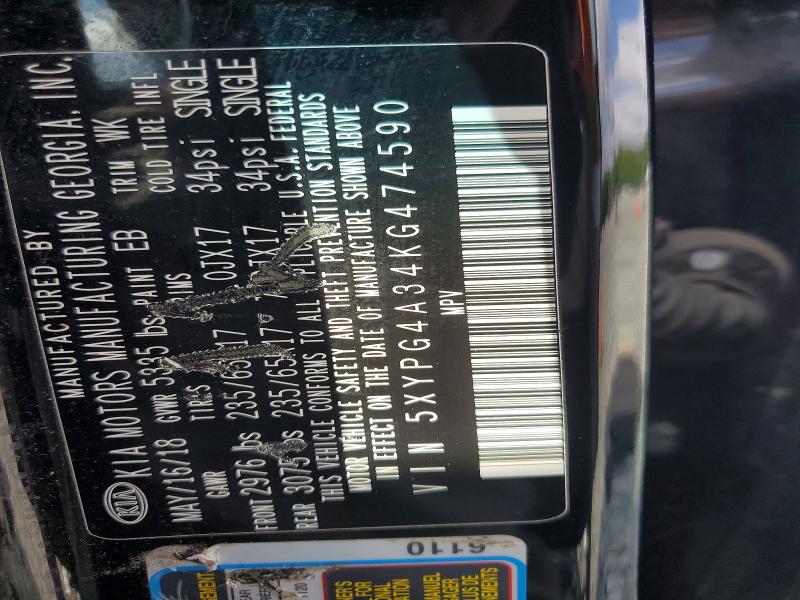 63895756 :رقم المزاد ، 5XYPG4A34KG474590 vin ، 2019 Kia Sorento مزاد بيع