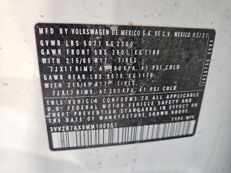 2021 Volkswagen Tiguan მანქანა იყიდება აუქციონზე, vin: 3VV2B7AX9MM100951, აუქციონის ნომერი: 64978476