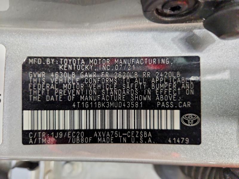 2021 Toyota Camry მანქანა იყიდება აუქციონზე, vin: 4T1G11BK3MU043581, აუქციონის ნომერი: 64154486