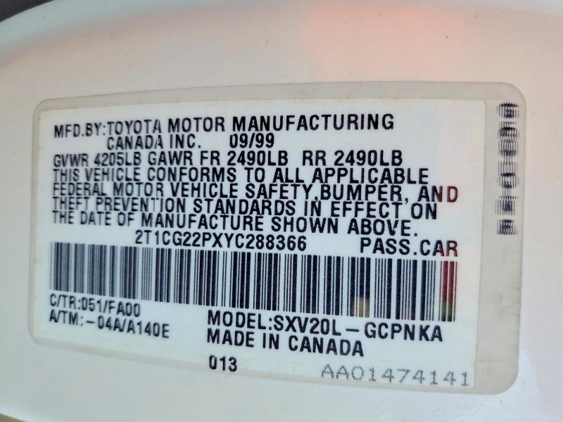 Aukcja sprzedaży 2000 Toyota Camry Solara, vin: 2T1CG22PXYC288366, numer aukcji: 64309766