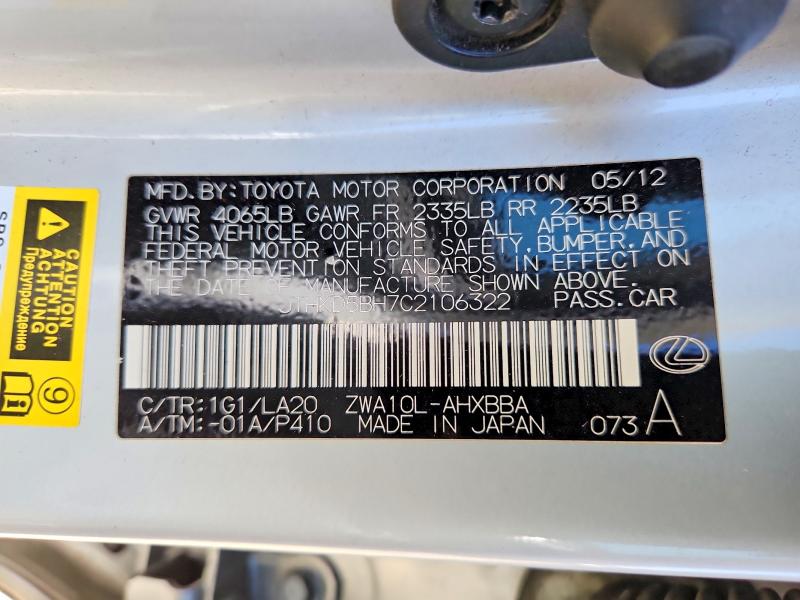 Aukcja sprzedaży 2012 Lexus Ct, vin: JTHKD5BH7C2106322, numer aukcji: 67274336