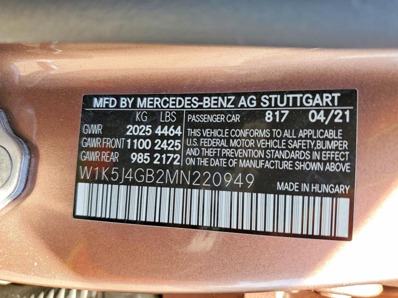 Продажа на аукционе авто 2021 Mercedes-benz Cla, vin: W1K5J4GB2MN220949, номер лота: 66255636