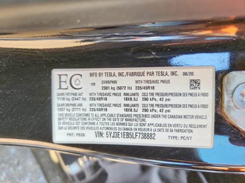 63200716 :رقم المزاد ، 5YJ3E1EB5LF738882 vin ، 2020 Tesla Model 3 مزاد بيع