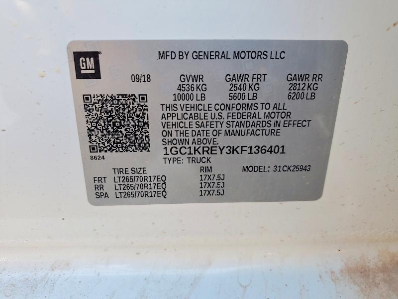 2019 Chevrolet Silverado მანქანა იყიდება აუქციონზე, vin: 1GC1KREY3KF136401, აუქციონის ნომერი: 65696076