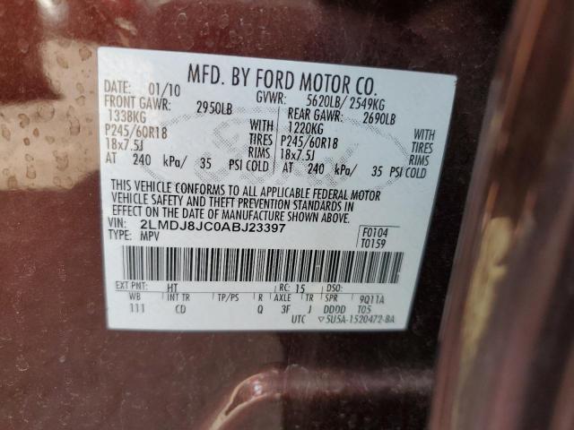 70246853 :رقم المزاد ، 2LMDJ8JC0ABJ23397 vin ، 2010 Lincoln Mkx مزاد بيع