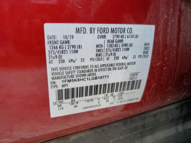 68835063 :رقم المزاد ، 1FM5K8HC1LGB10771 vin ، 2020 Ford Explorer Platinum مزاد بيع