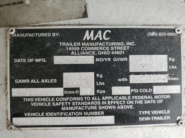 66005353 :رقم المزاد ، 5MADN40248A014008 vin ، 2008 Mack Trailer مزاد بيع