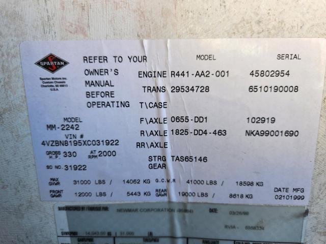 62798544 :رقم المزاد ، 4VZBN8195XC031922 vin ، 1999 Spartan Motors Motorhome مزاد بيع