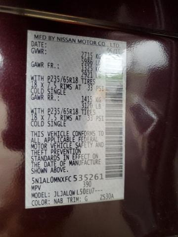 Aukcja sprzedaży 2015 Infiniti Qx60, vin: 5N1AL0MNXFC535261, numer aukcji: 71062295