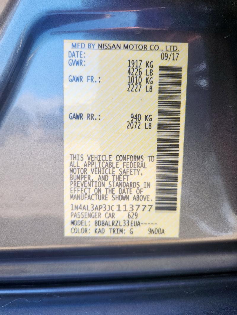 83846465 :رقم المزاد ، 1N4AL3AP3JC113777 vin ، 2018 Nissan Altima مزاد بيع