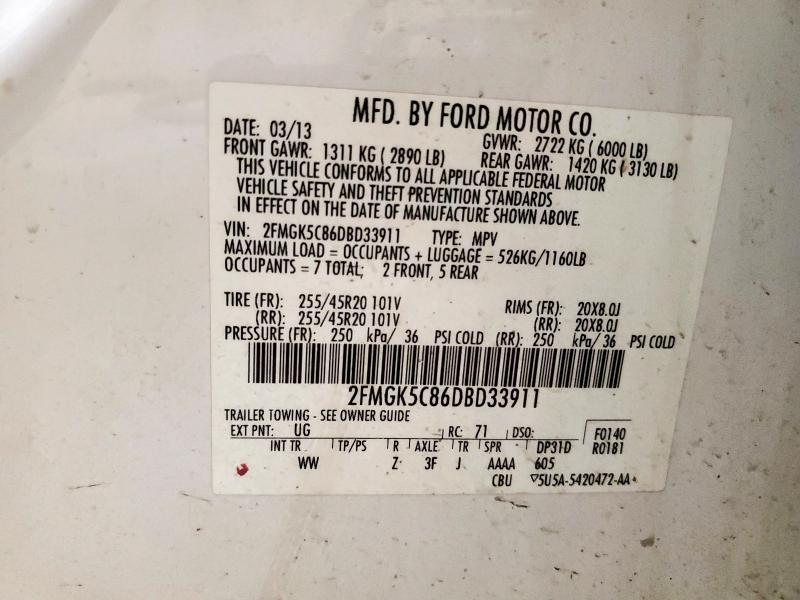 2013 Ford Flex Sel მანქანა იყიდება აუქციონზე, vin: 2FMGK5C86DBD33911, აუქციონის ნომერი: 70555095