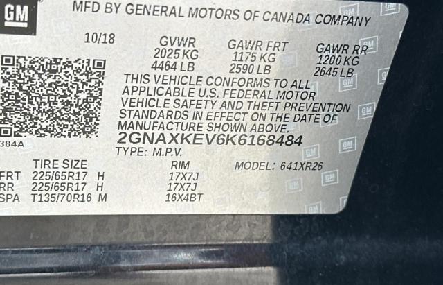 Aukcja sprzedaży 2019 Chevrolet Equinox Lt, vin: 2GNAXKEV6K6168484, numer aukcji: 80121325