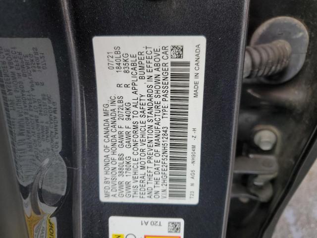 2022 Honda Civic Spor მანქანა იყიდება აუქციონზე, vin: 2HGFE2F52NH512843, აუქციონის ნომერი: 80469845