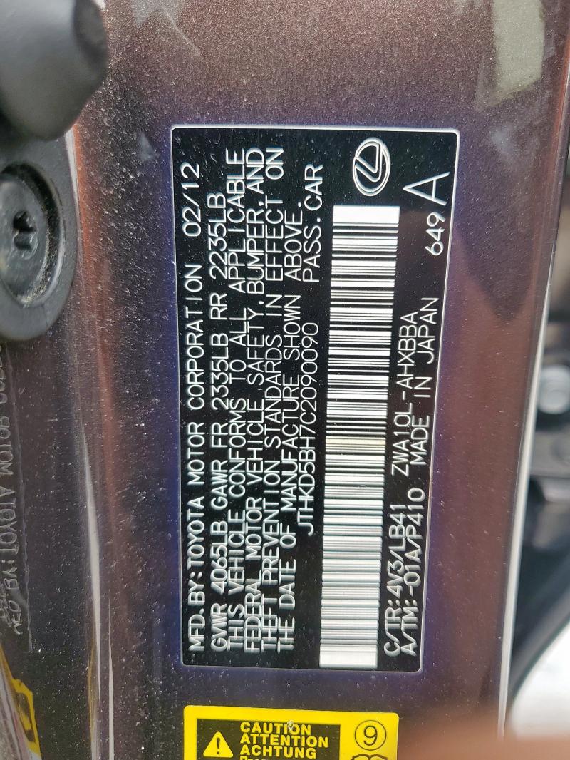 70882295 :رقم المزاد ، JTHKD5BH7C2090090 vin ، 2012 Lexus Ct 200 مزاد بيع