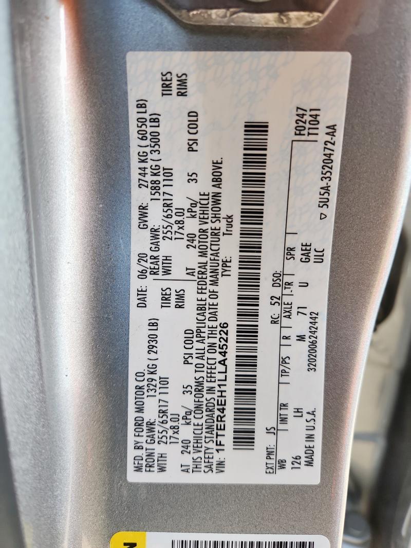 2020 Ford Ranger Xl მანქანა იყიდება აუქციონზე, vin: 1FTER4EH1LLA45226, აუქციონის ნომერი: 72095015