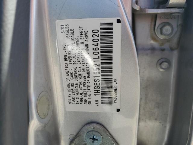 2001 Honda Civic Lx მანქანა იყიდება აუქციონზე, vin: 1HGES16521L064020, აუქციონის ნომერი: 84420455