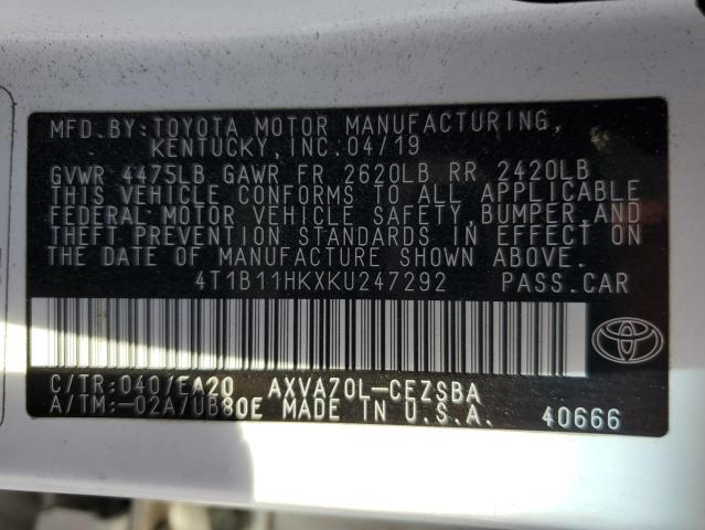 Aukcja sprzedaży 2019 Toyota Camry L, vin: 4T1B11HKXKU247292, numer aukcji: 81090175