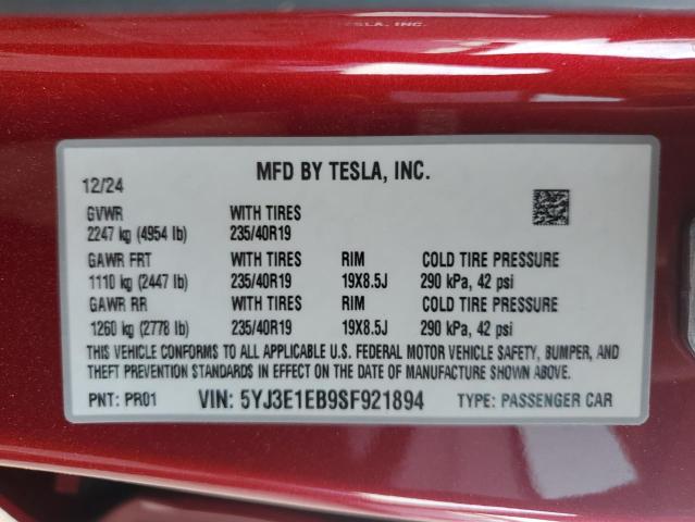 81476205 :رقم المزاد ، 5YJ3E1EB9SF921894 vin ، 2025 Tesla Model 3 مزاد بيع