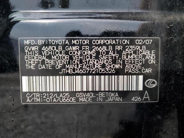 2007 Lexus Es 350 მანქანა იყიდება აუქციონზე, vin: JTHBJ46G772105326, აუქციონის ნომერი: 83840835