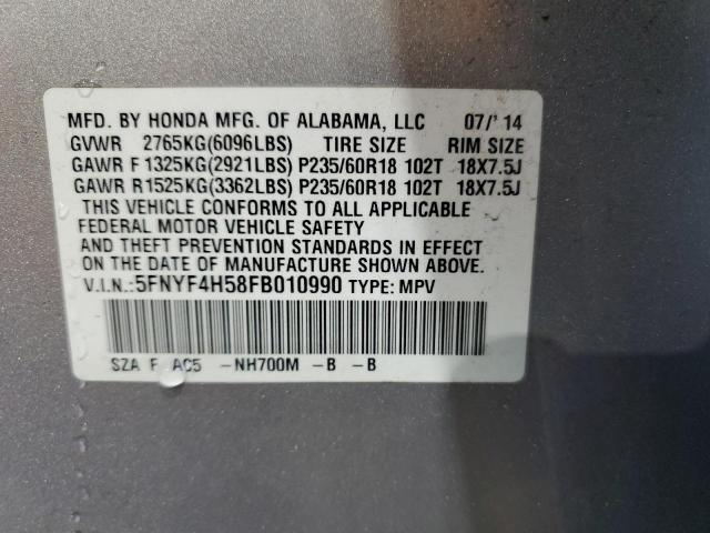 81120225 :رقم المزاد ، 5FNYF4H58FB010990 vin ، 2015 Honda Pilot Exl مزاد بيع