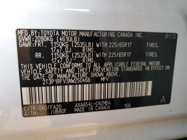 2022 Toyota Rav4 მანქანა იყიდება აუქციონზე, vin: 2T3P1RFV3NW250466, აუქციონის ნომერი: 80034115