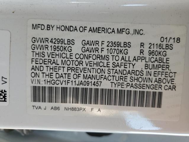 2018 Honda Accord მანქანა იყიდება აუქციონზე, vin: 1HGCV1F11JA091457, აუქციონის ნომერი: 81407065