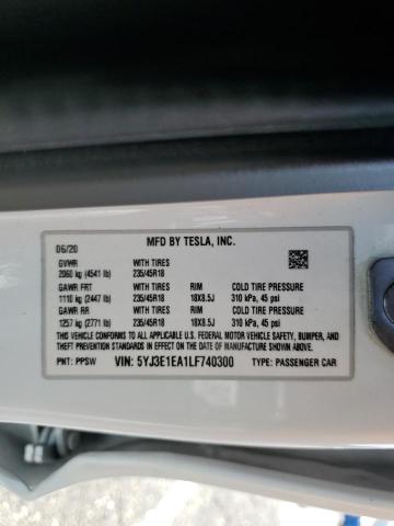 2020 Tesla Model 3 მანქანა იყიდება აუქციონზე, vin: 5YJ3E1EA1LF740300, აუქციონის ნომერი: 71732105