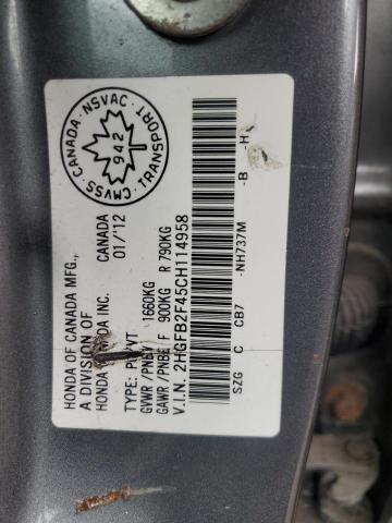80060295 :رقم المزاد ، 2HGFB2F45CH114958 vin ، 2012 Honda Civic مزاد بيع