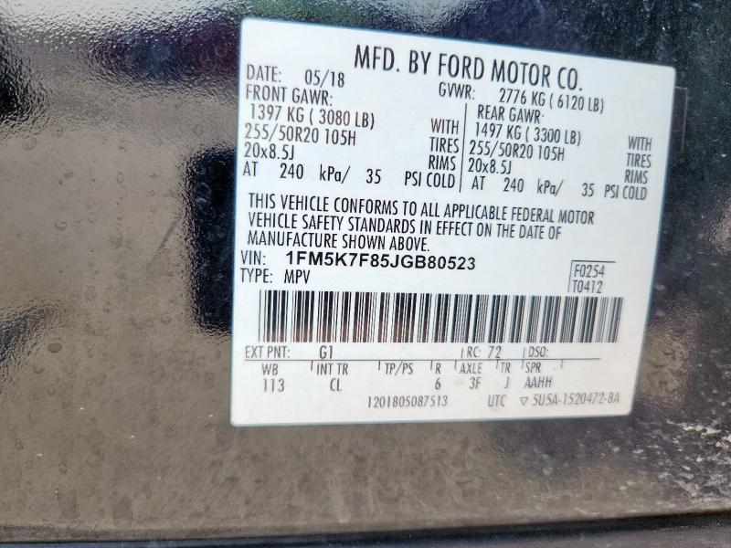 2018 Ford Explorer L მანქანა იყიდება აუქციონზე, vin: 1FM5K7F85JGB80523, აუქციონის ნომერი: 80028005