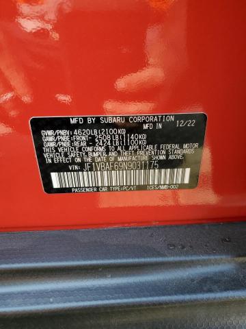 2022 Subaru Wrx Premiu მანქანა იყიდება აუქციონზე, vin: JF1VBAF69N9031175, აუქციონის ნომერი: 70338215