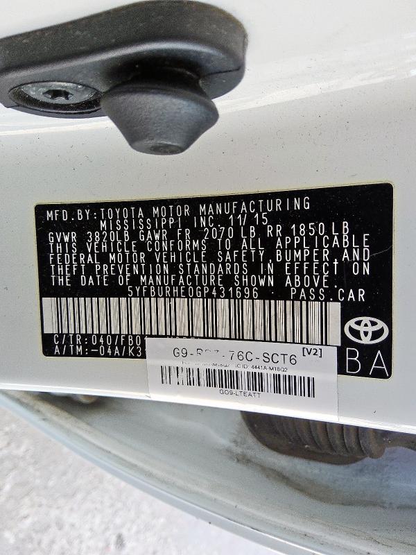83766135 :رقم المزاد ، 5YFBURHE0GP431696 vin ، 2016 Toyota Corolla L مزاد بيع