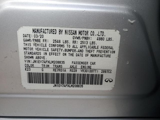 2020 Infiniti Q50 Pure მანქანა იყიდება აუქციონზე, vin: JN1EV7APXLM208835, აუქციონის ნომერი: 84017435