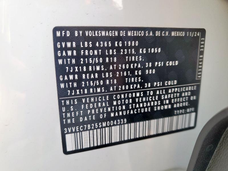 2025 Volkswagen Taos Se მანქანა იყიდება აუქციონზე, vin: 3VVEC7B25SM004339, აუქციონის ნომერი: 80659575
